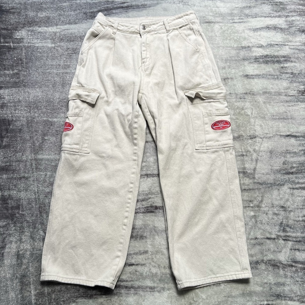 Shein Y2K Cargo Pants Womens PM Beige Wake Jeans Patch Logo Pleated Baggy Skater